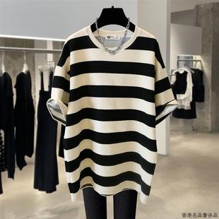 韩国黑白条纹T恤女夏短袖 圆领上衣 宽松2025时尚 休闲慵懒风中长款
