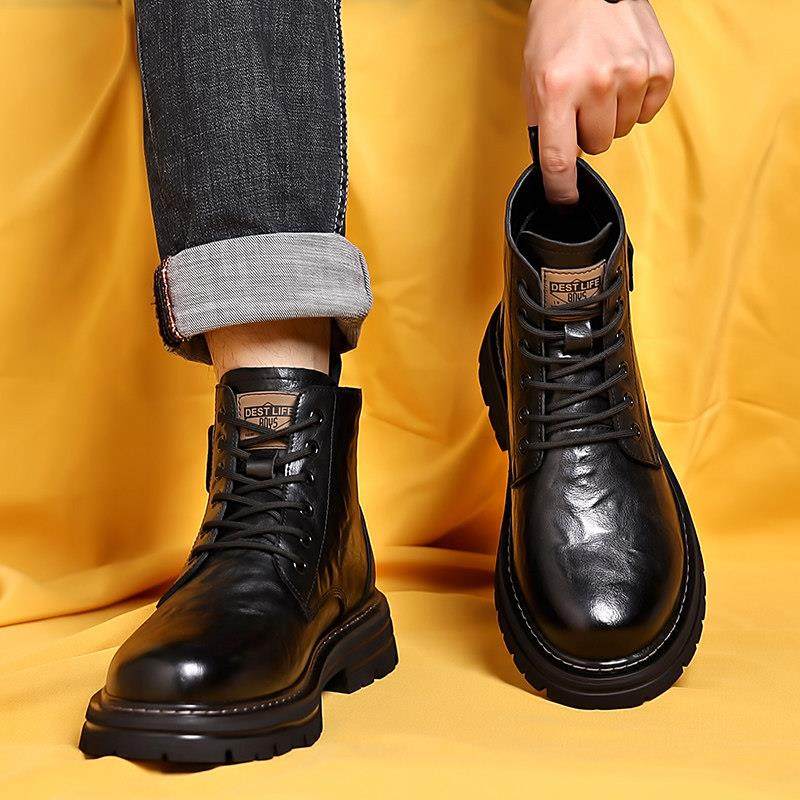马丁靴男款2025新款英伦风真皮中帮男靴冬季加绒保暖黑色靴子男鞋