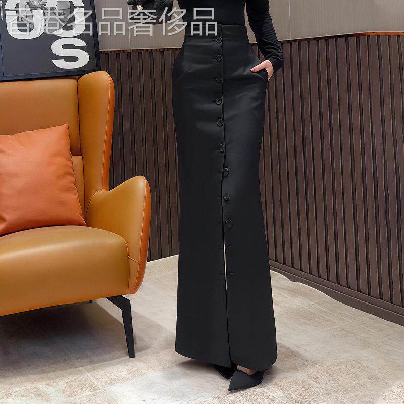 黑色半身裙女2026夏季流行新款高腰显瘦小众设计感排扣开叉长裙