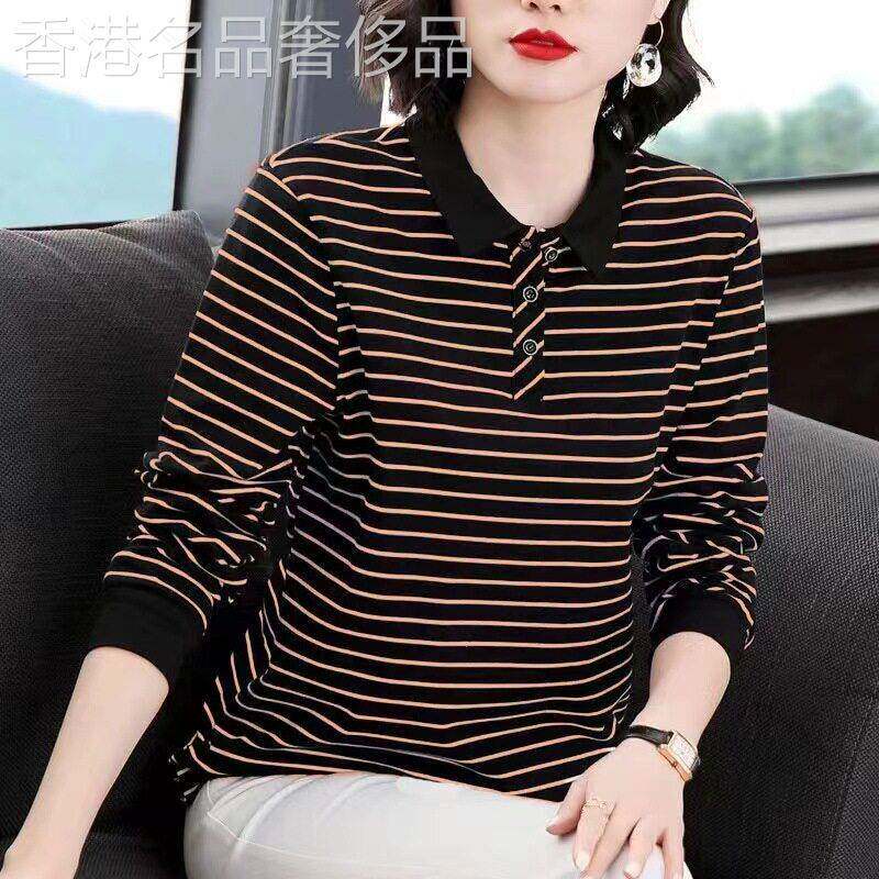 韩国2025春秋新款中年妈妈百搭宽松翻领黑白条纹显瘦长袖打底衫女