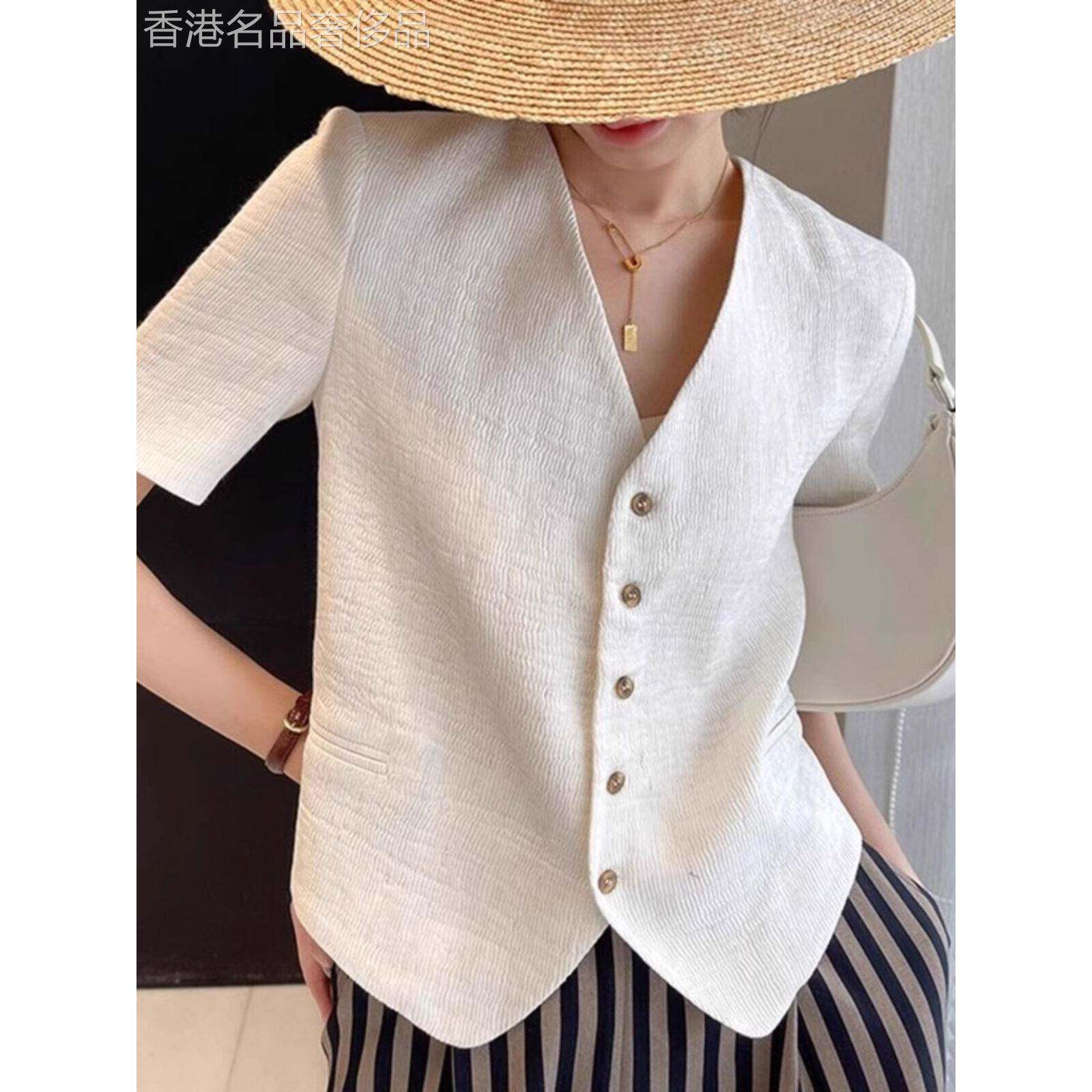 初夏穿搭法式白色V领短袖西装外套女2025夏季小香风短款西服上衣