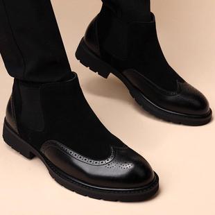 潮牌2025秋冬新款英伦风复古雕花马丁靴真皮反绒短靴中帮商务皮鞋