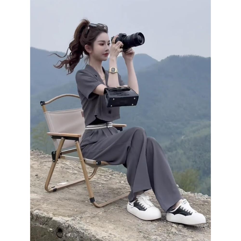 时尚品牌高端优雅的纸男士套装上衣女士夏季新款式高腰修身阔腿裤
