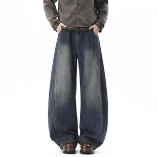 牛仔裤男士冬季加绒弯刀裤2025新款高端拼接加厚阔腿直筒长裤男款