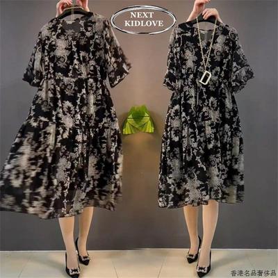 香港大码女装胖mm碎花v领连衣裙遮肚显瘦宽松A字娃娃中长裙薄款夏