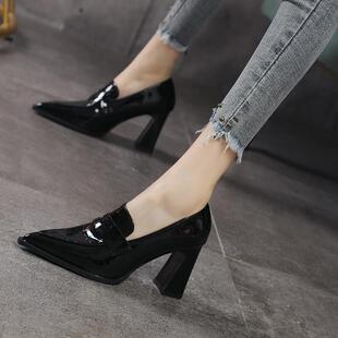 性感高跟小皮鞋 英伦风尖头粗跟鞋 2025秋季新款 单鞋女款深口 百
