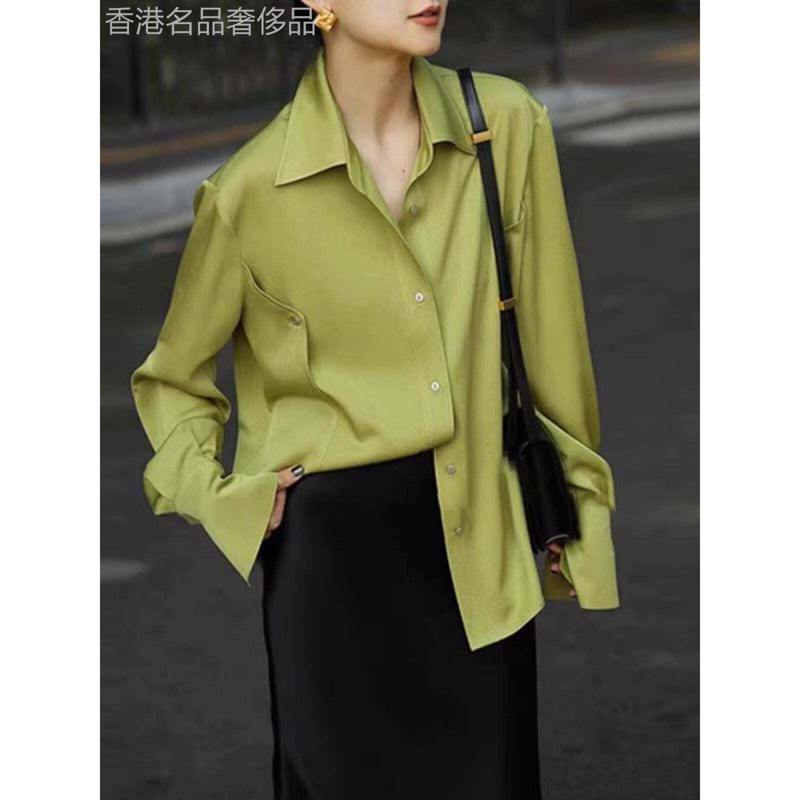 绿色轻奢缎面衬衫女春秋新款覆古宽松高级感轻奢垂感上衣长袖衬衣