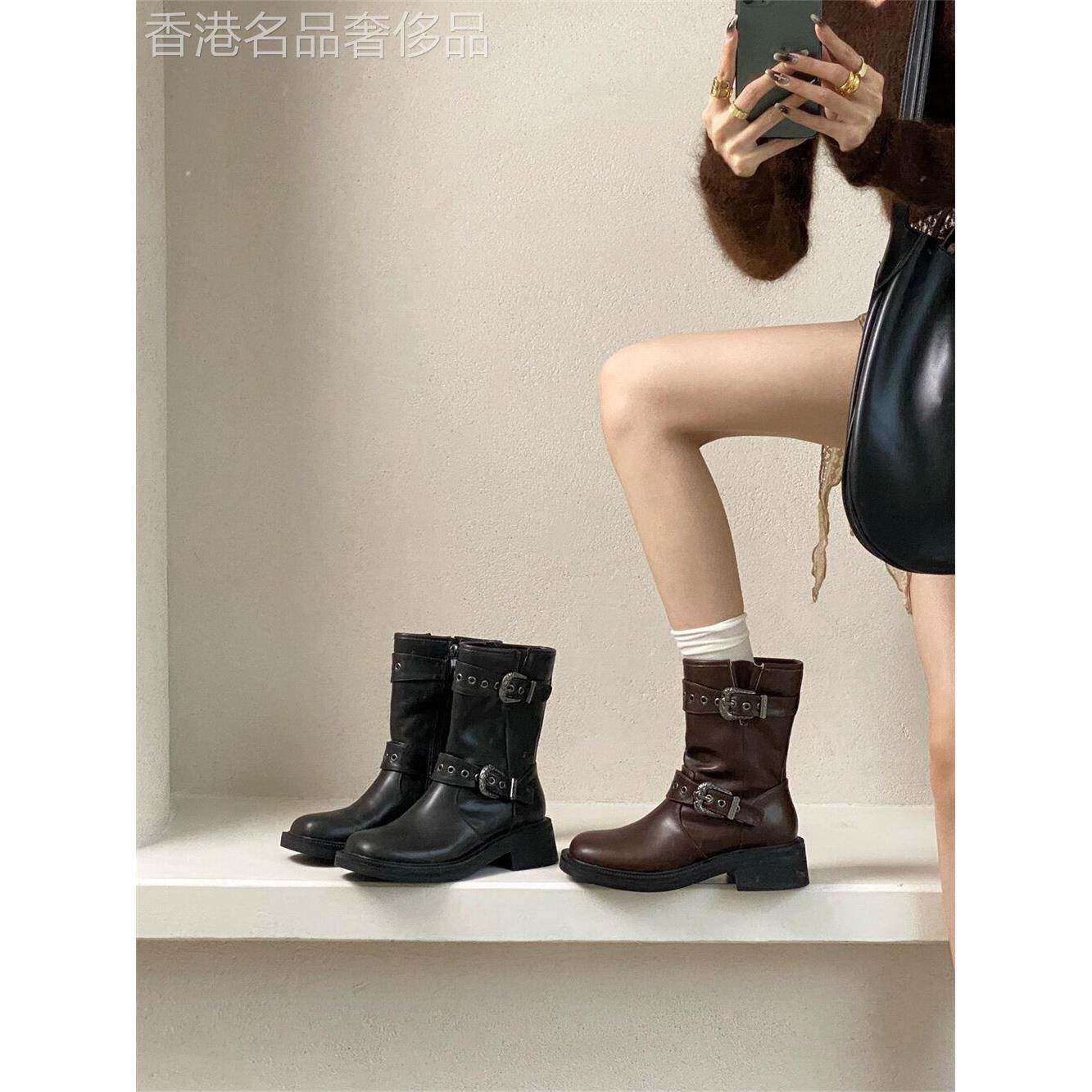 香港欧美风覆古粗跟马丁靴女秋季2025新款美拉德英伦短筒骑士靴子