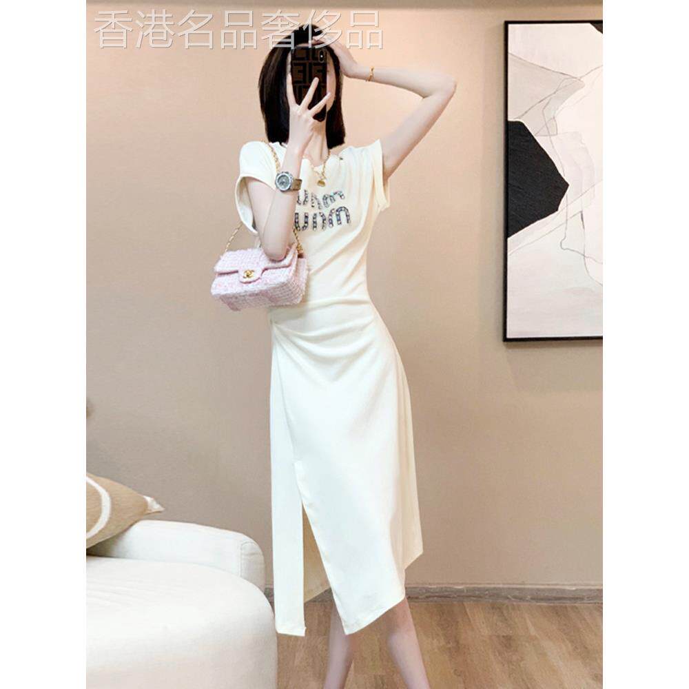 欧洲站短袖女装高端2025夏季新款束腰优雅中开衩t恤连衣裙