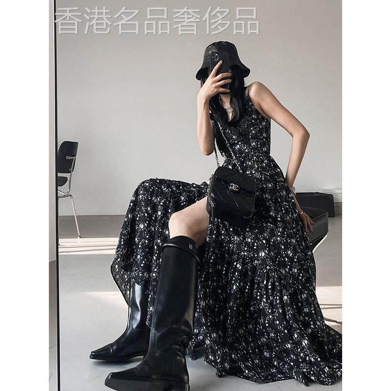 欧洲站2025新款法式高级感黑色碎花连衣裙收腰绝美吊带长裙女夏季