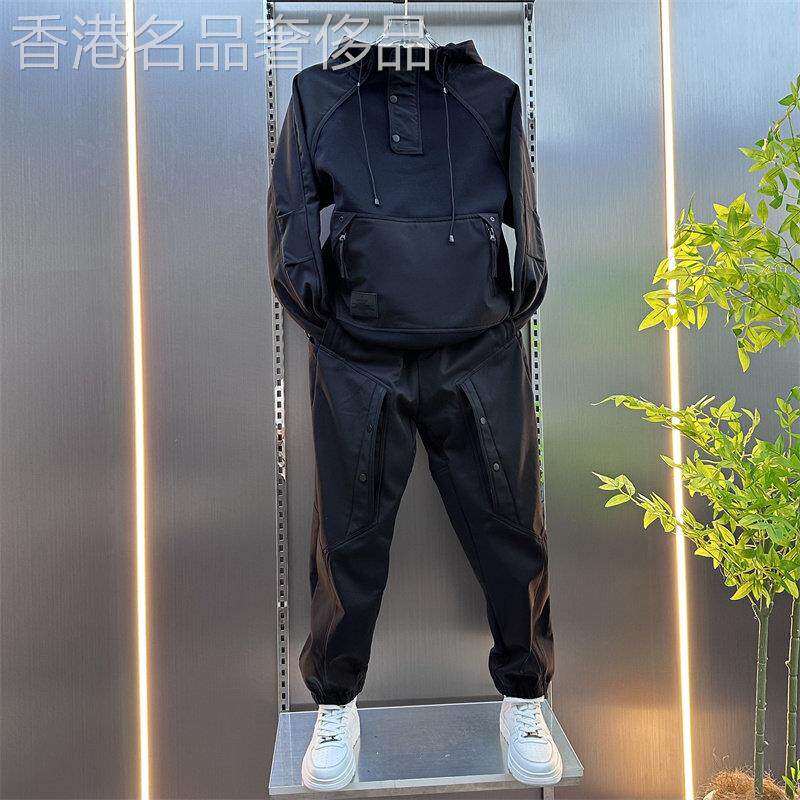 黑武士休闲运动套装男春秋冬季潮牌加绒连帽卫衣修身束脚裤两件套