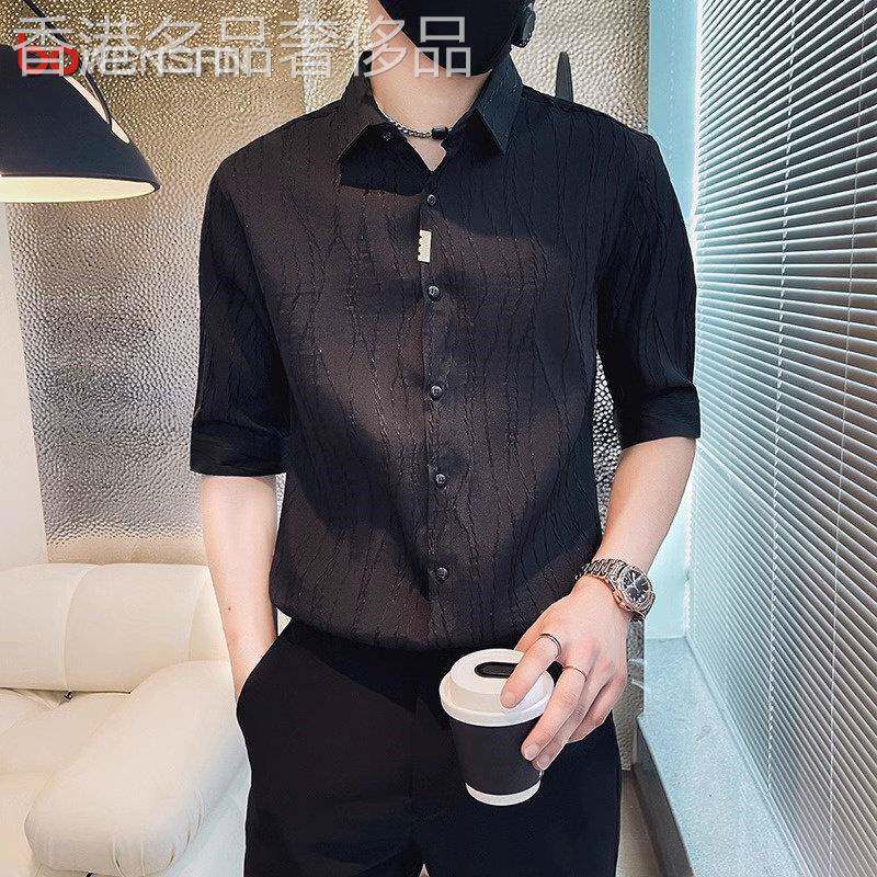 高级感冰丝短袖衬衫男士2026年夏季新款潮流痞帅五分袖衬衣服男款