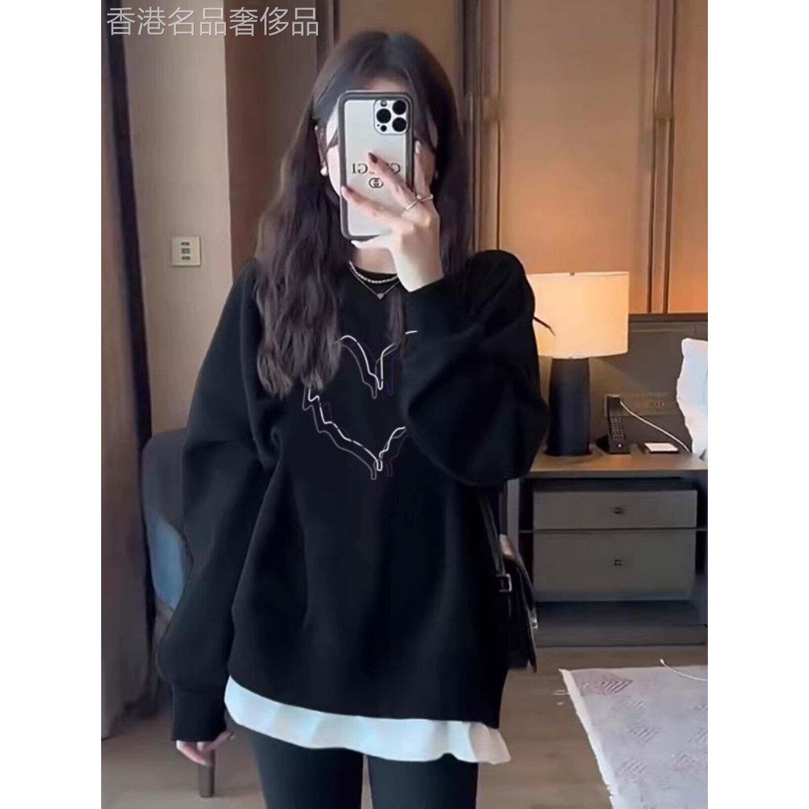黑色假两件套式女式运动衫，韩式早秋服装，大号中长上衣配鲨鱼裤
