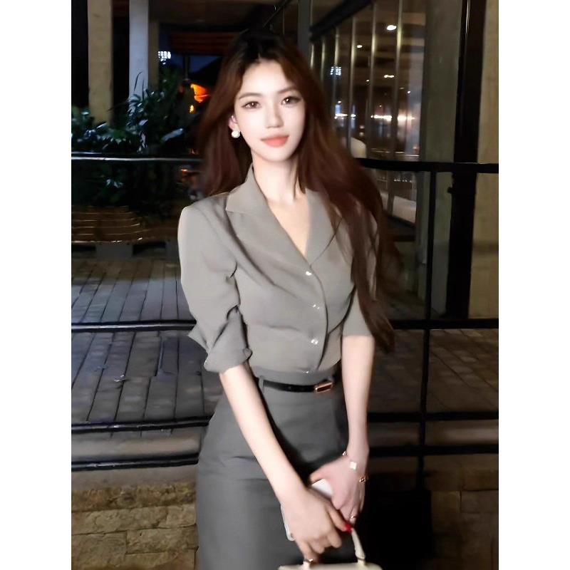 灰色翻领长袖衬衫女春秋欧货新款高腰显瘦半身裙时尚两件套套装