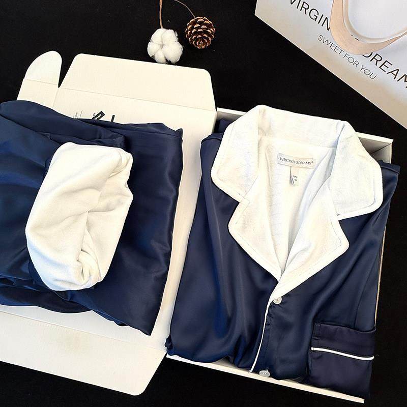 日本2025秋冬银狐绒睡衣男款长袖高级感缎绸加绒保暖家居服套装