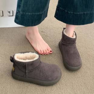 香港灰色厚底皮毛一体雪地靴女2025新爆款秋冬季加绒保暖低帮棉鞋