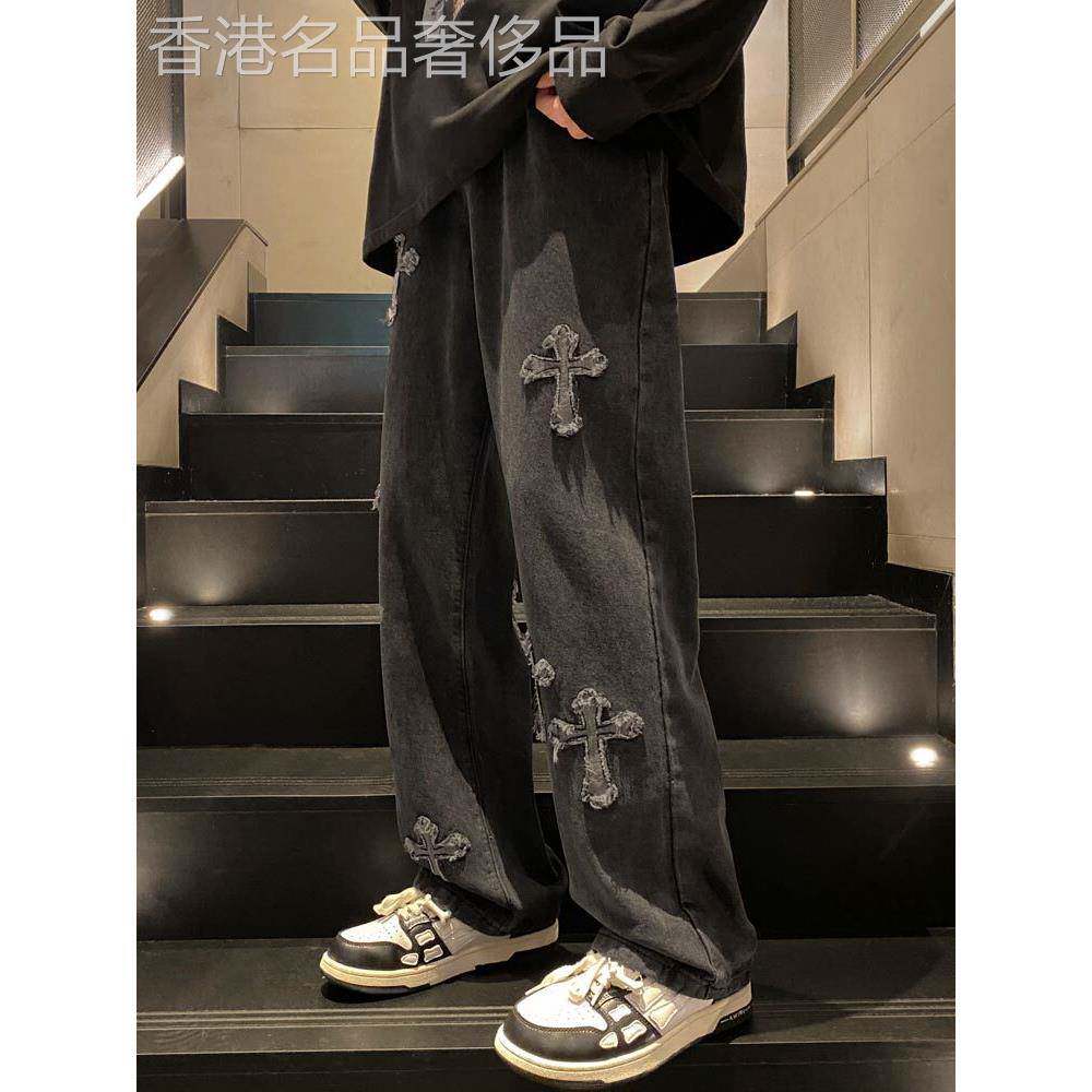 2025秋冬季十字架牛仔裤男加绒加厚美式潮牌直筒宽松大码休闲裤子