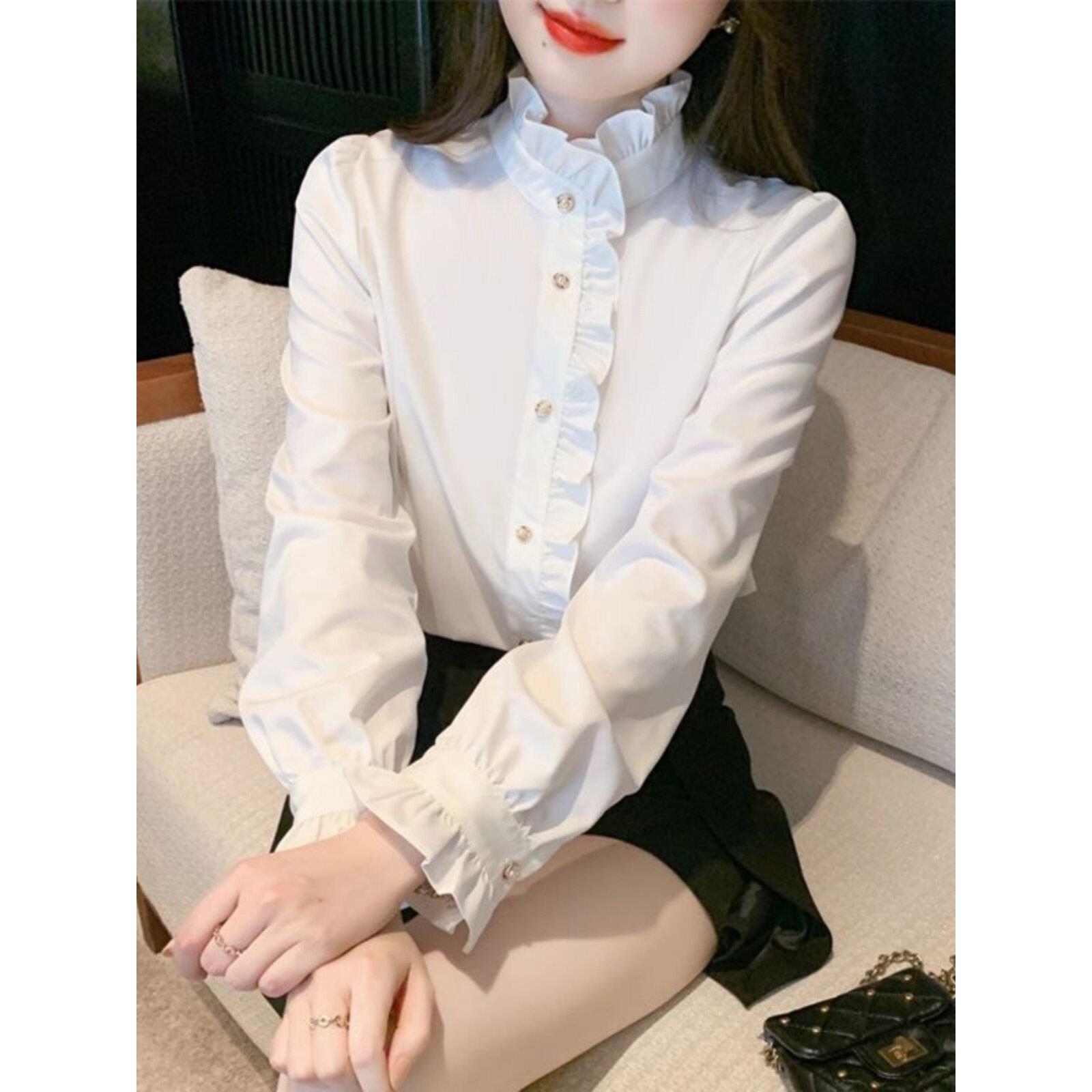 法式宫廷风格褶边女式长袖衬衫夏季新款中式高端别致修身衬衫