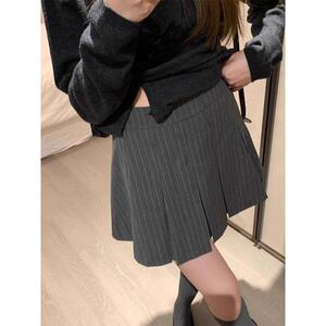灰色条纹百褶裙女春秋欧货高腰显瘦A字裙小个子学院风半身裙短裙