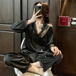 可外穿 真丝睡衣女春秋V领蕾丝公主甜美宽松蚕丝家居服薄款