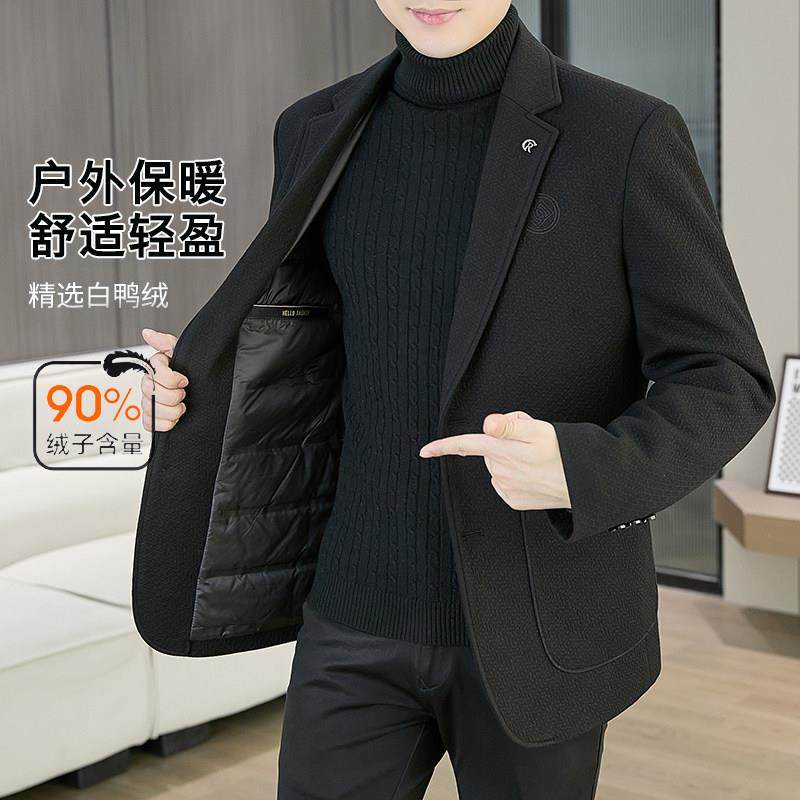 冬季羽绒毛呢西服男欧货高端加厚商务休闲保暖轻薄白鸭绒西装外套