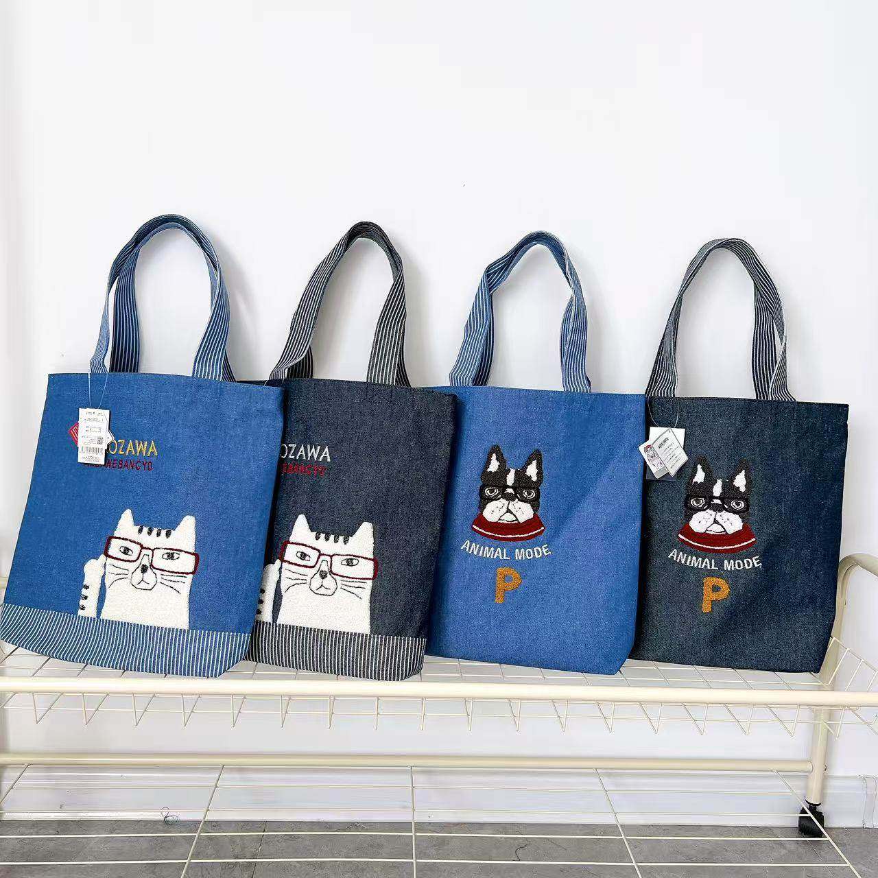 日本Kusuguru刺绣猫咪法斗单肩包手提包牛仔通勤包补习包435,箱包皮具/热销女包/男包,时尚帆布包,淘宝优惠券,粉丝福利购,淘宝优惠卷