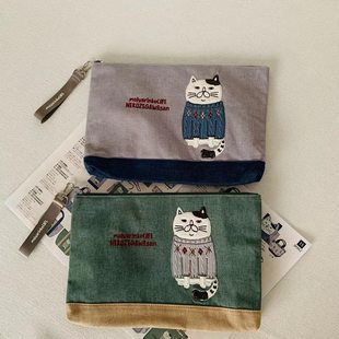 日本新款刺绣胖猫布艺文件包手拿包收纳袋证件包套包证件包862