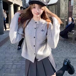 美式复古针织开衫女春秋季土星刺绣灰色毛衣外套宽松气质短款上衣