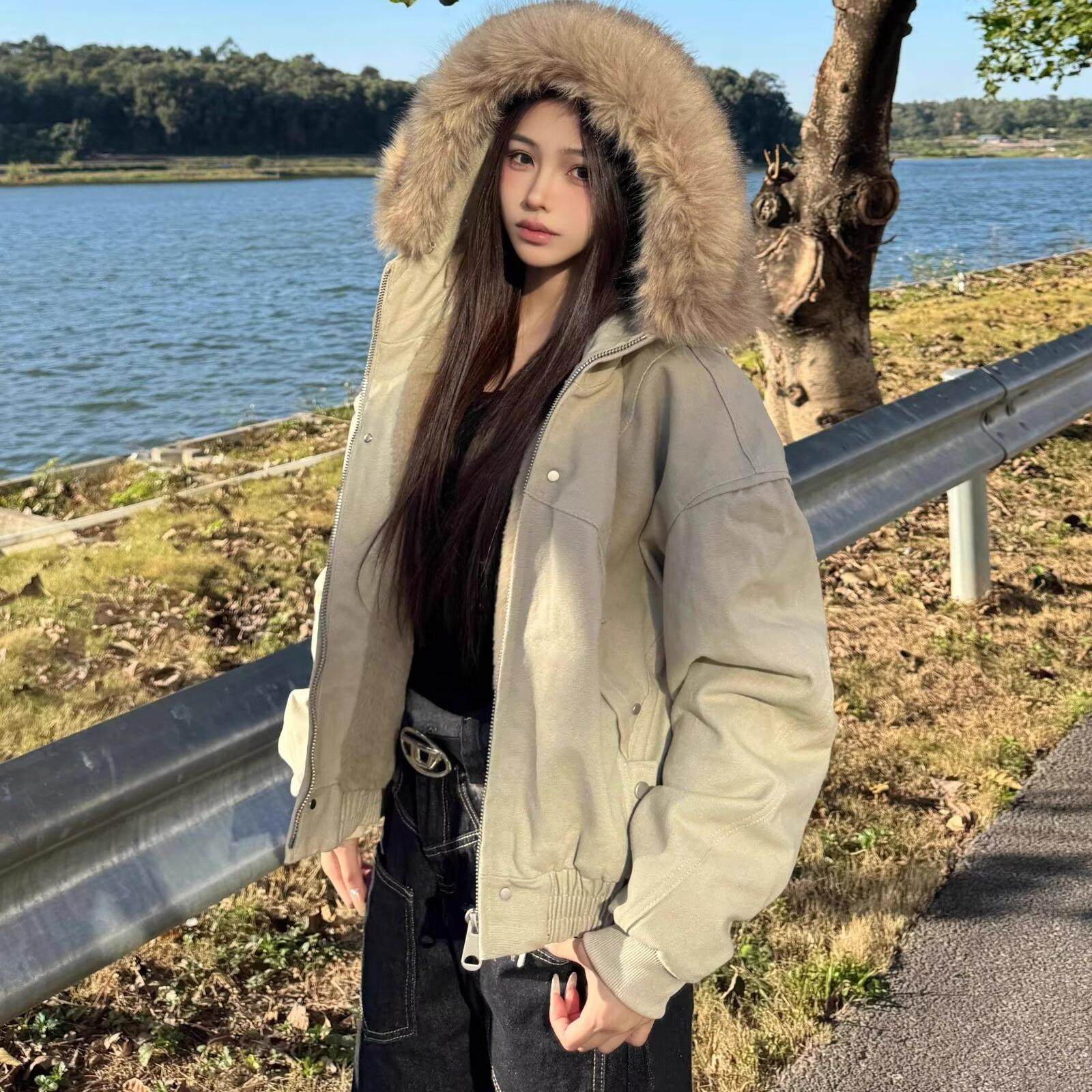 美式cleanfit座山雕毛领棉服男女冬季加厚短款连帽外套情侣棉衣