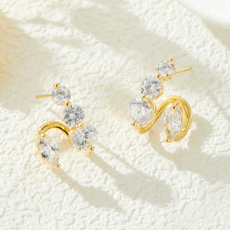 时尚轻奢曲线锆石耳钉日常通勤百搭漂亮耳环s925银针新款女耳饰