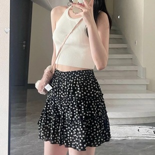 A字裙甜美风时尚 小众高腰设计感碎花半身裙女夏季 短裙黑色裙子