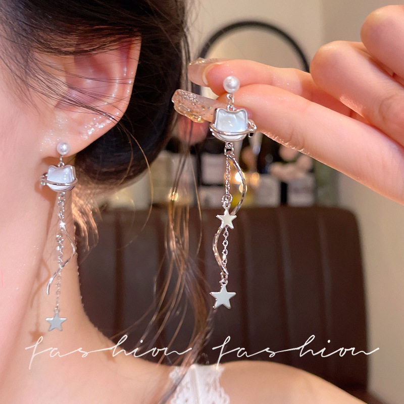 漂亮银色猫咪长款流苏耳环气质甜酷耳钉设计简约新款精致超仙耳饰