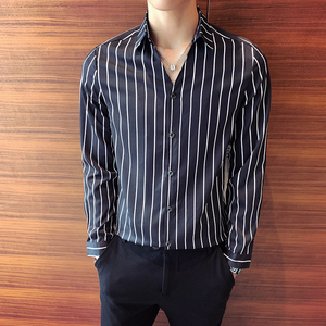 2026春夏店主风 V领竖条纹经典休闲男士长袖衬衫C016C/P55控75图片