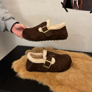 加绒勃肯鞋大码女鞋41到43厚底软底秋冬新款复古全包保暖毛毛棉鞋