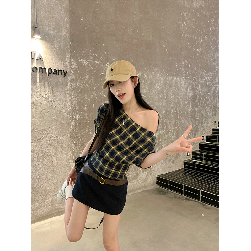 时尚气质套装复古高级感格纹短袖T恤女装夏季短裙包臀裙子两件套
