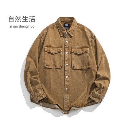 自然与物2025秋季新款秋季美式复古水洗做旧炒花牛仔衬衫男宽松潮