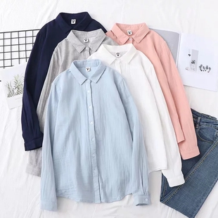 时尚 韩版 修身 显瘦舒适双层纱棉尖领长袖 上衣女 2020春季 衬衫 新款