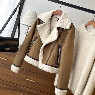 仿鹿皮绒羊羔毛皮毛一体夹克外套