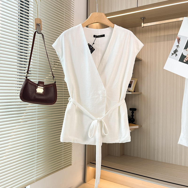 收腰系帶棉麻混紡西裝馬甲外套女