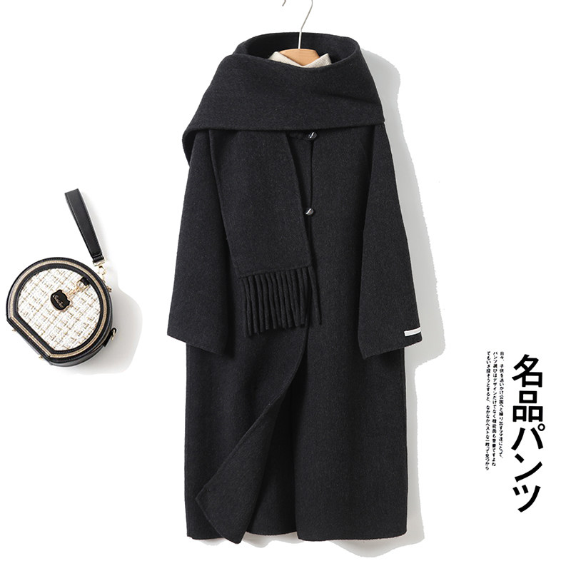 外贸女装 冬装高级感围脖领手工双面呢中长款羊毛大衣风衣外套女