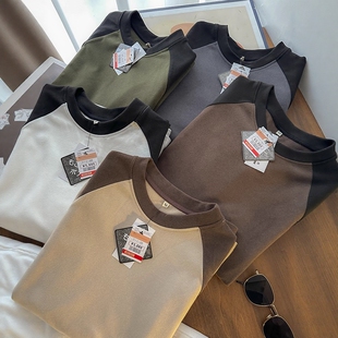 复古撞色双面德绒亲肤保暖打底衫 美式 T恤女冬 男女情侣款 走老美