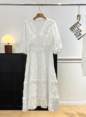 仙女裙！走法国单！法式重工大V领满身刺绣镂空白色蕾丝连衣裙女