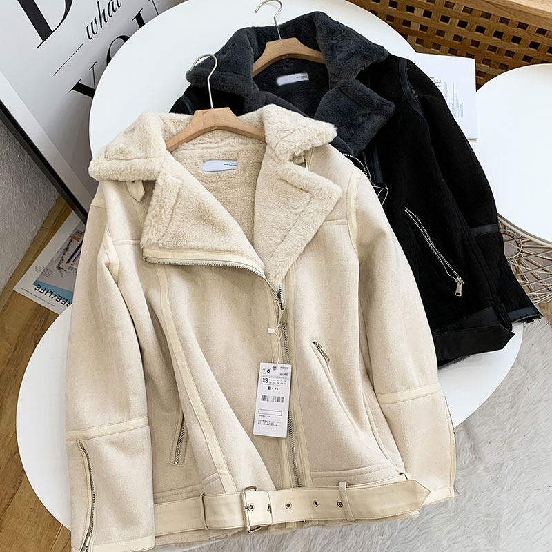 西班牙单！冬装新款帅气机车服加厚保暖皮毛一体羊羔绒棉衣外套女