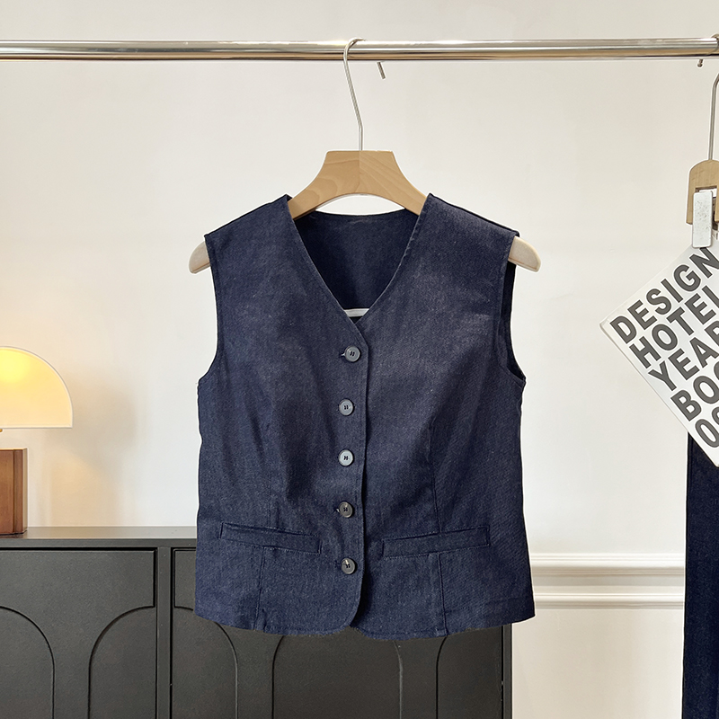 羊毛混纺斜纹V领西装马甲外套女