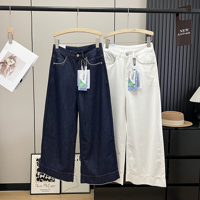 莱赛尔薄款垂感花边阔腿牛仔裤女