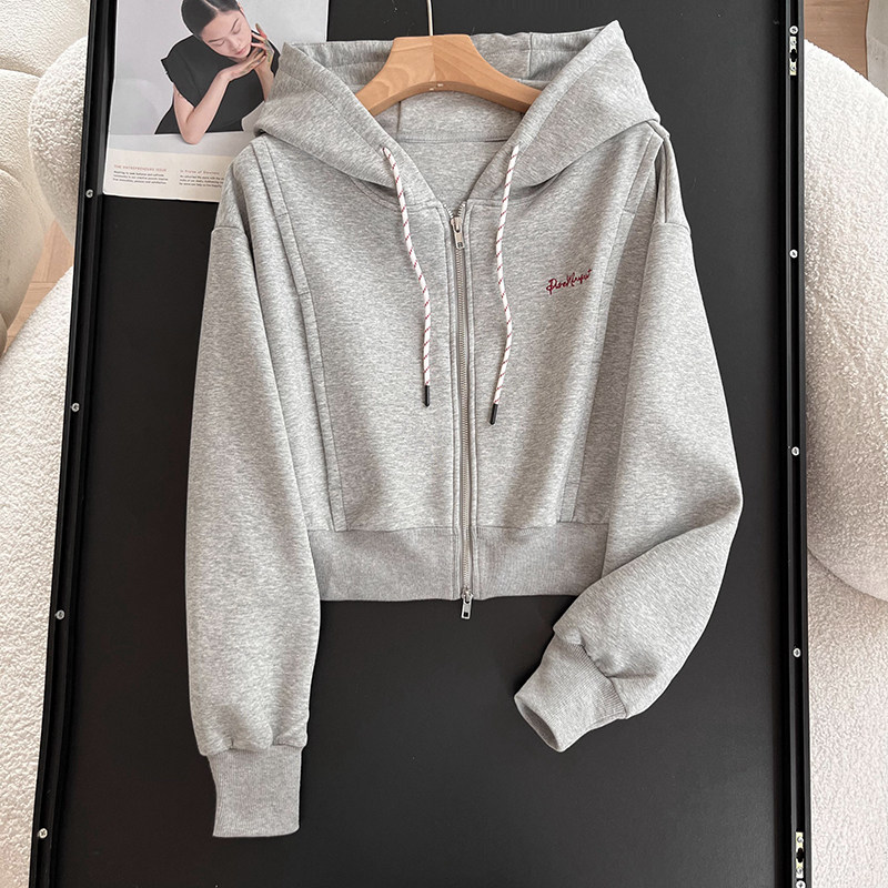 国内单~秋装新百搭宽松美式复古字母刺绣拉链短款连帽卫衣外套女