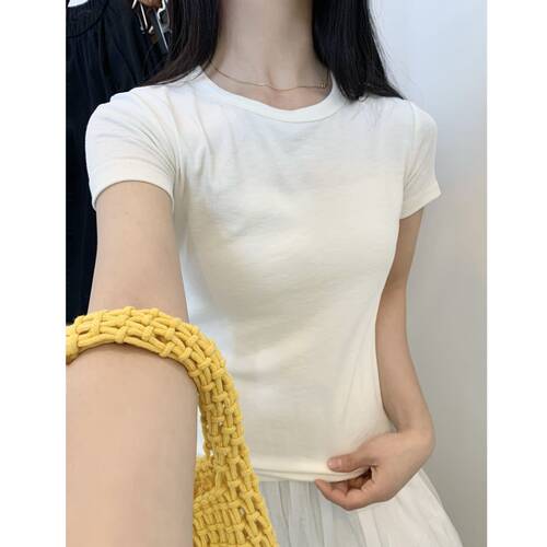 天si混纺纯色圆领短袖T恤女上衣