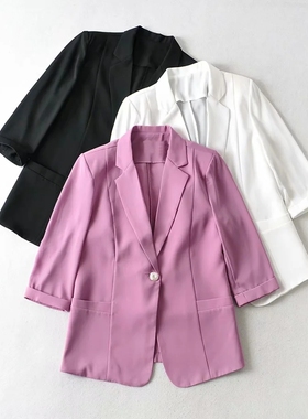 自留推荐~超仙玫紫色显白薄款韩版ins七分袖一粒扣西装外套女夏新