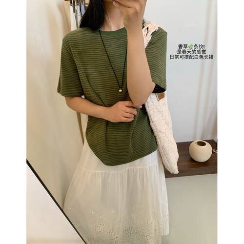 条纹撞色圆领休闲短袖T恤女上衣