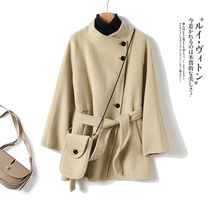 高级感~冬装新品百搭宽松斜扣立领双面呢羊毛大衣短外套女配包包